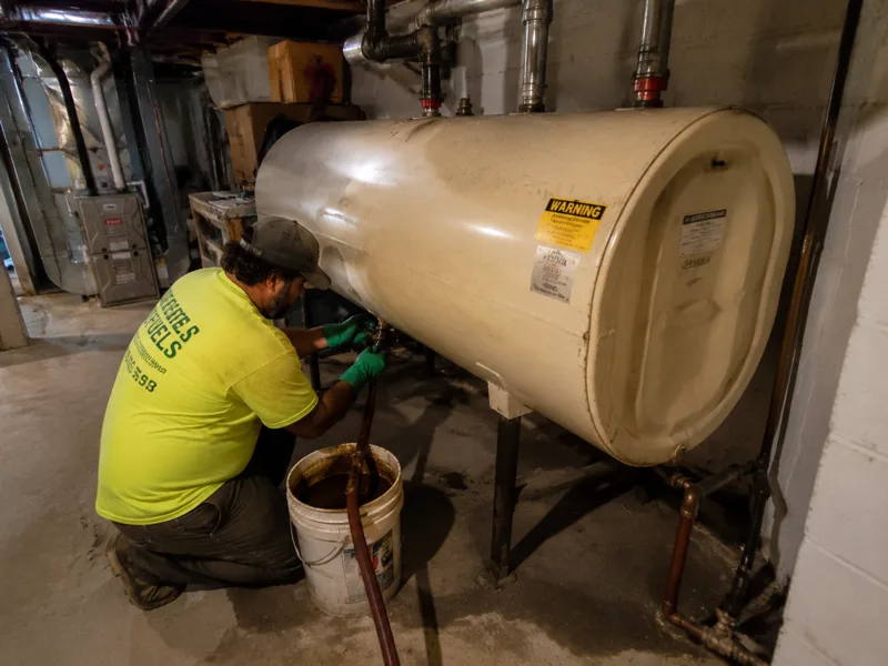 Above-ground oil tank removal New Bedford, technician draining a 275-gallon basement tank