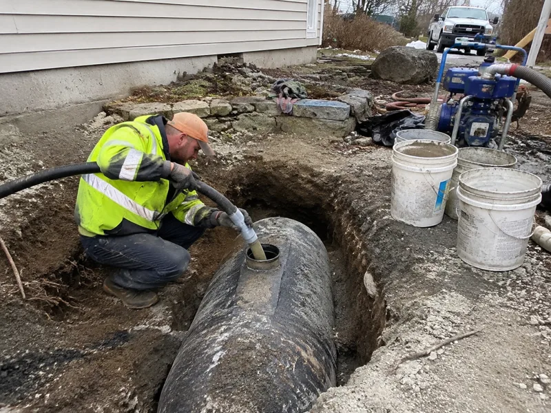 Oil tank abandonment New Bedford, buried tank being filled in place with slurry