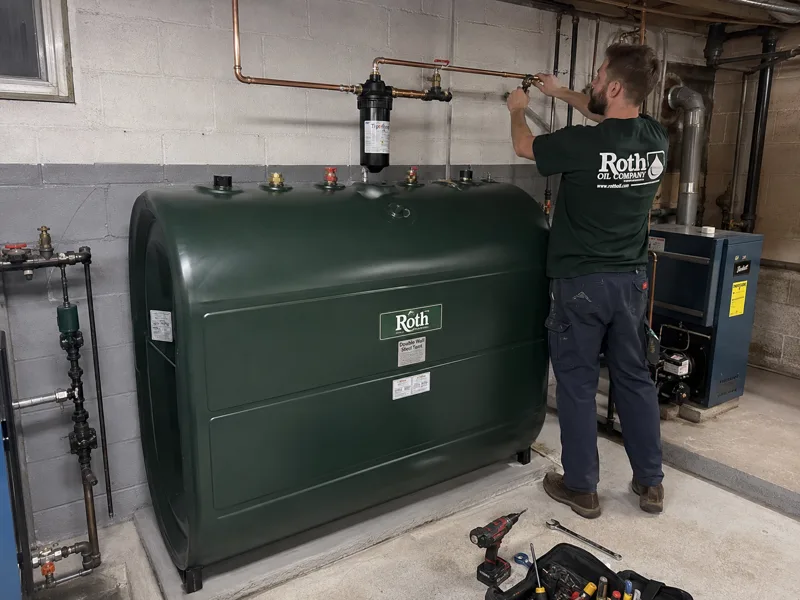 Oil tank installation New Bedford, new double-wall Roth tank set in a basement