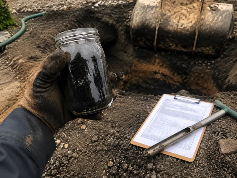 Soil testing New Bedford, gloved hand holding a jar of soil sample at the edge of a tank excavation
