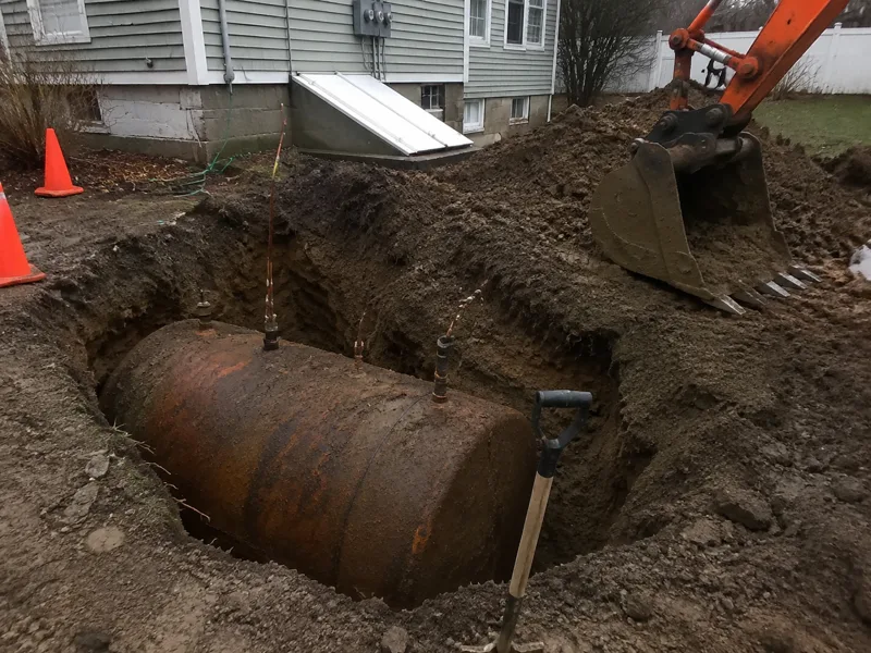 Underground oil tank removal New Bedford, corroded buried steel tank exposed in an excavation